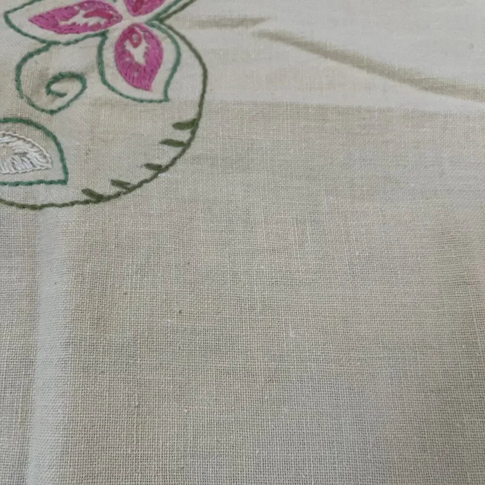 Hand-Embroidered Linen Kitchen Towel 29 x 33 in Yellow w/ Multicolor Floral